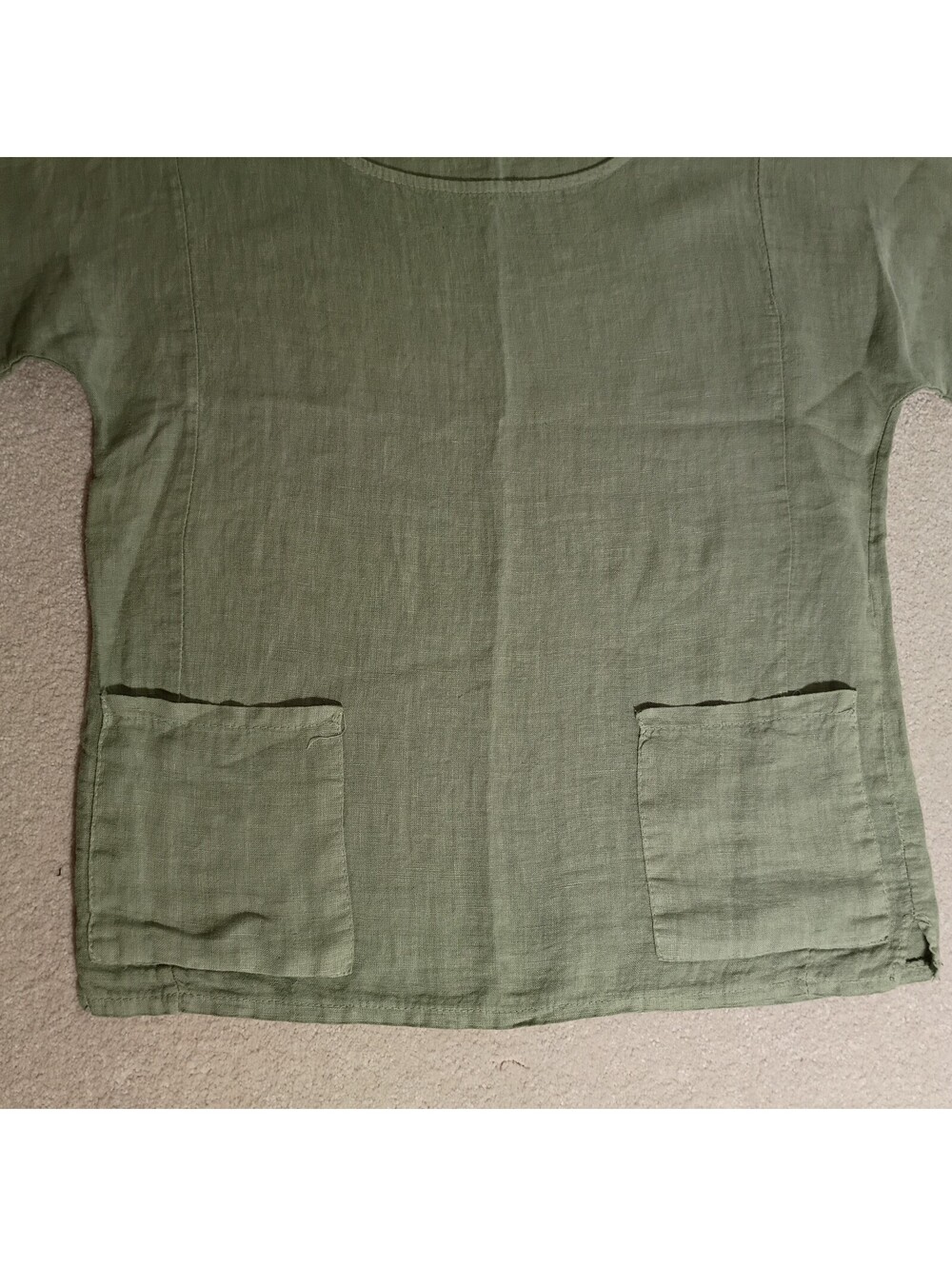 Francesca Bettini 100% Linen Top M Sage Green Short Sleeve Pocket Made in Italy - Picture 2 of 9